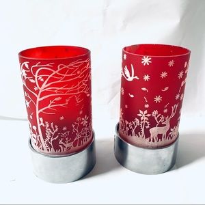 🌺 Reindeer with forest  Red glass frosted candle holder set